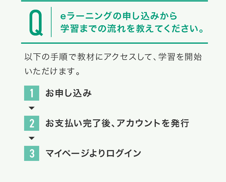 eラーニングはお支払い完了後にアカウントを発行、マイページにログインすれば教材にアクセスできます